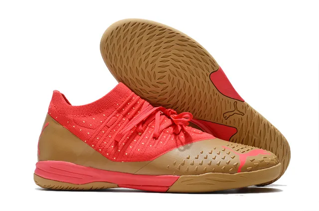 Puma Tênis de futebol indoor com upper de knit branco e laranja, overlays listrados bege 6