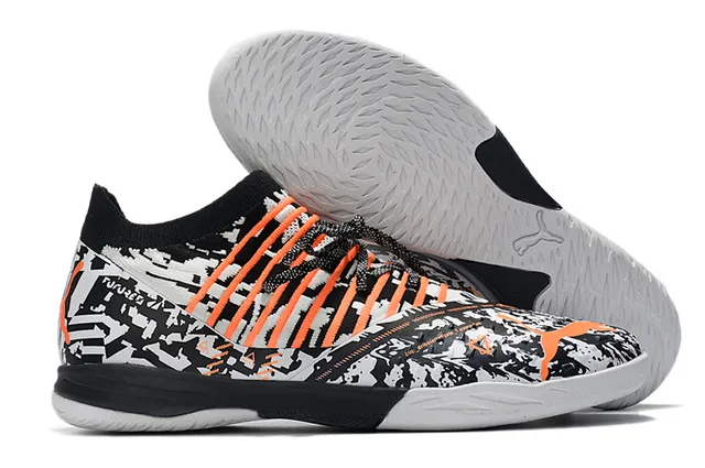 Puma Tênis de futebol indoor com upper de knit branco e laranja, overlays listrados bege 7