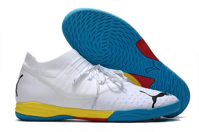 Puma Tênis de futebol indoor com upper de knit branco e laranja, overlays listrados bege 8