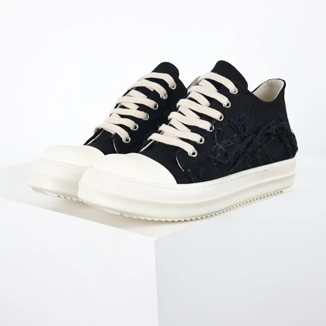 Rick Owens Black Beige Deconstructed Textile Oversized Toe Cap Lifestyle Sneakers 2