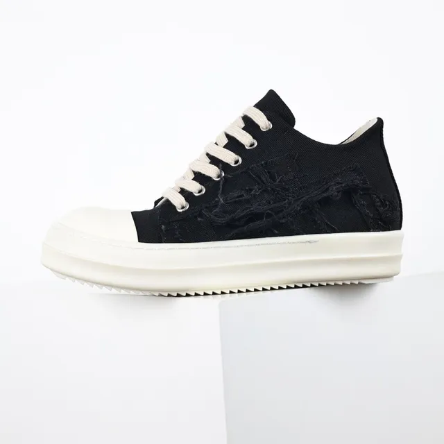 Rick Owens Black Beige Deconstructed Textile Oversized Toe Cap Lifestyle Sneakers 9