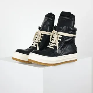 Rick Owens Black Beige High-Top Padded Collar Martin Boots