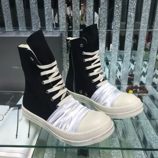 Rick Owens Black White High-Top Ruched Satin Panel Ankle Boots