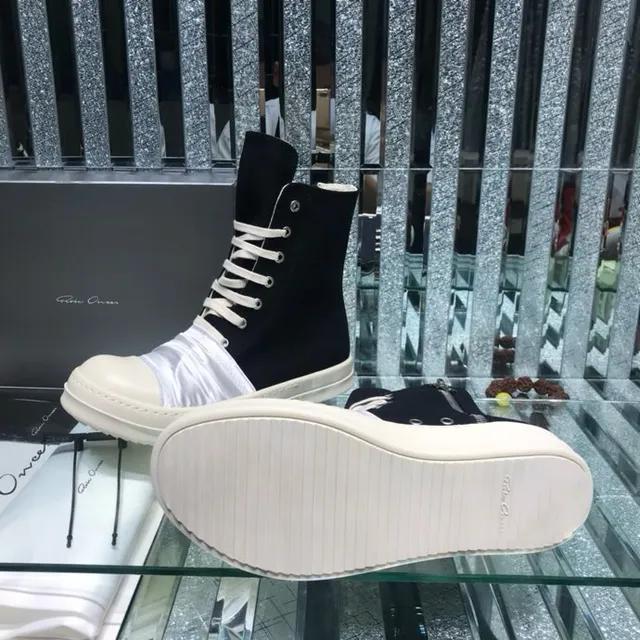 Rick Owens Black White High-Top Ruched Satin Panel Ankle Boots 4