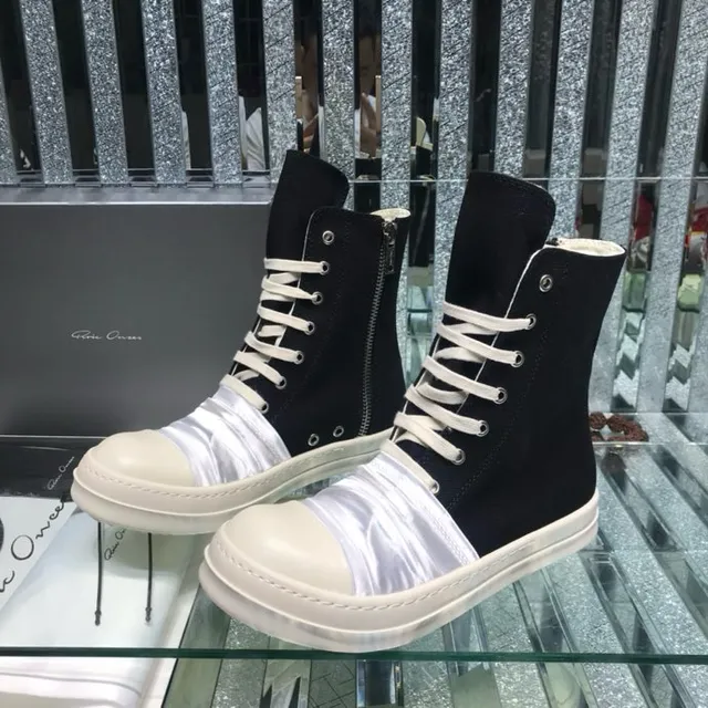 Rick Owens Black White High-Top Ruched Satin Panel Ankle Boots 6