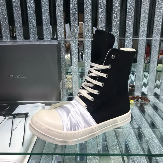 Rick Owens Black White High-Top Ruched Satin Panel Ankle Boots 7