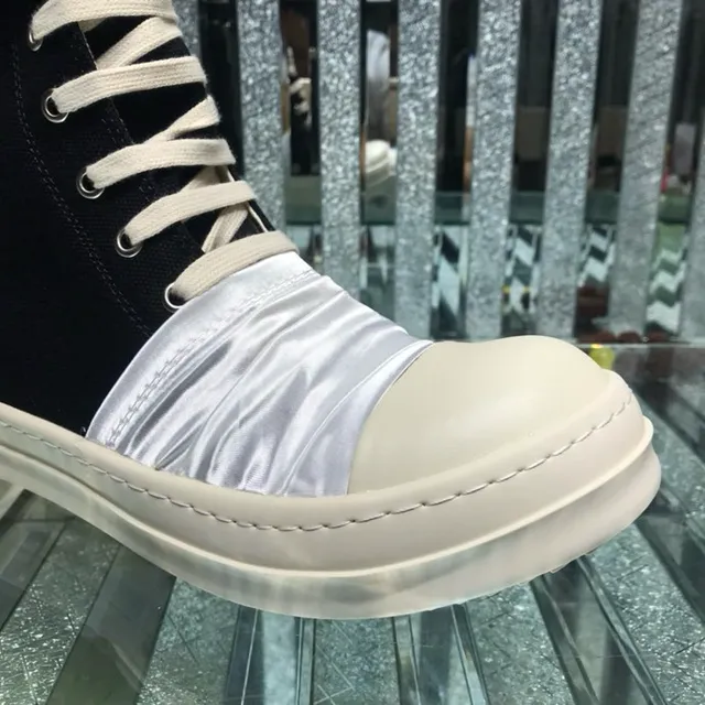 Rick Owens Black White High-Top Ruched Satin Panel Ankle Boots 8