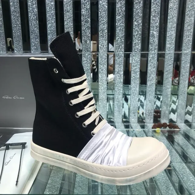 Rick Owens Black White High-Top Ruched Satin Panel Ankle Boots 9