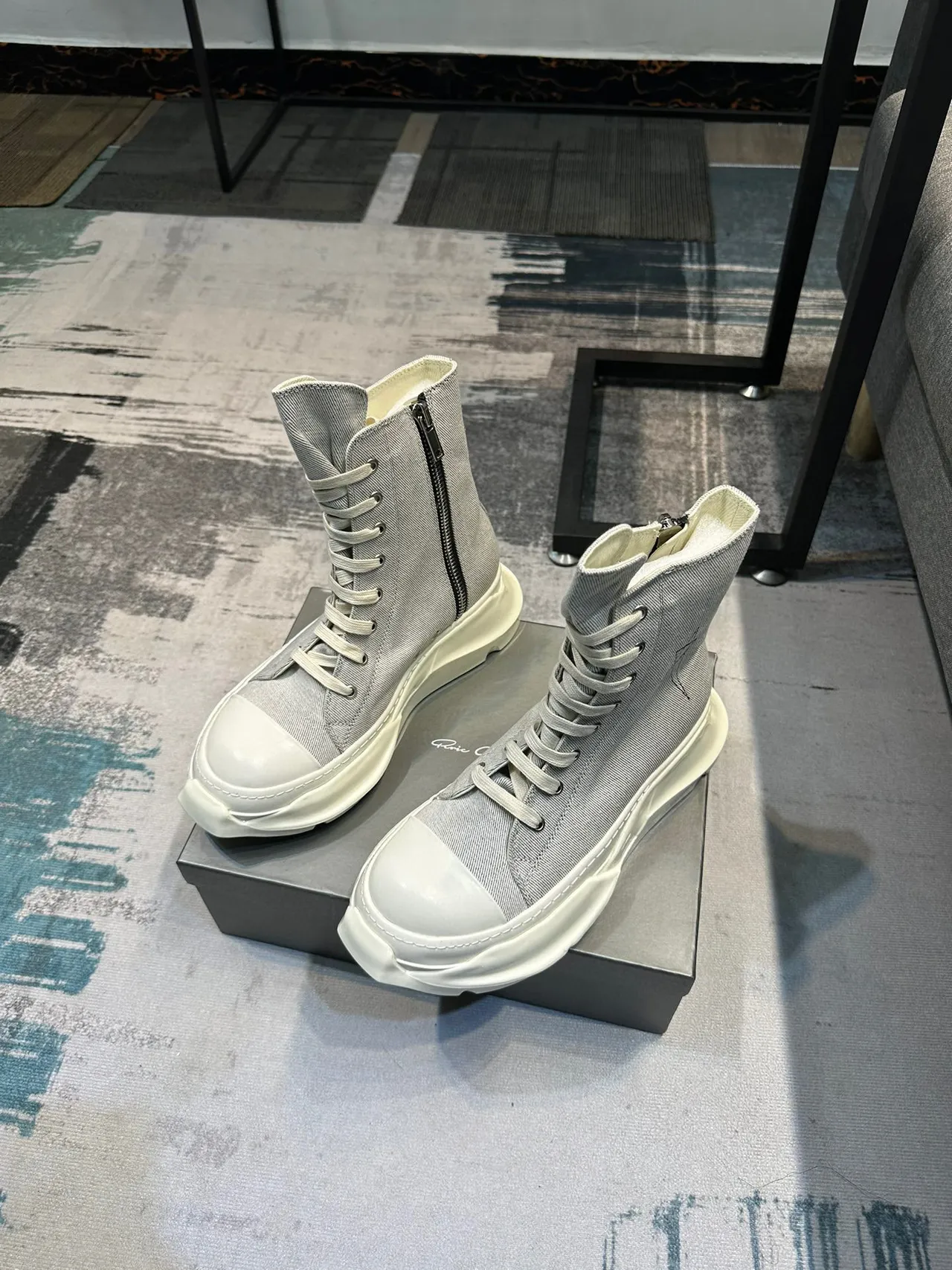 Rick Owens Gray Beige High-Top Denim Upper Ankle Boots 4