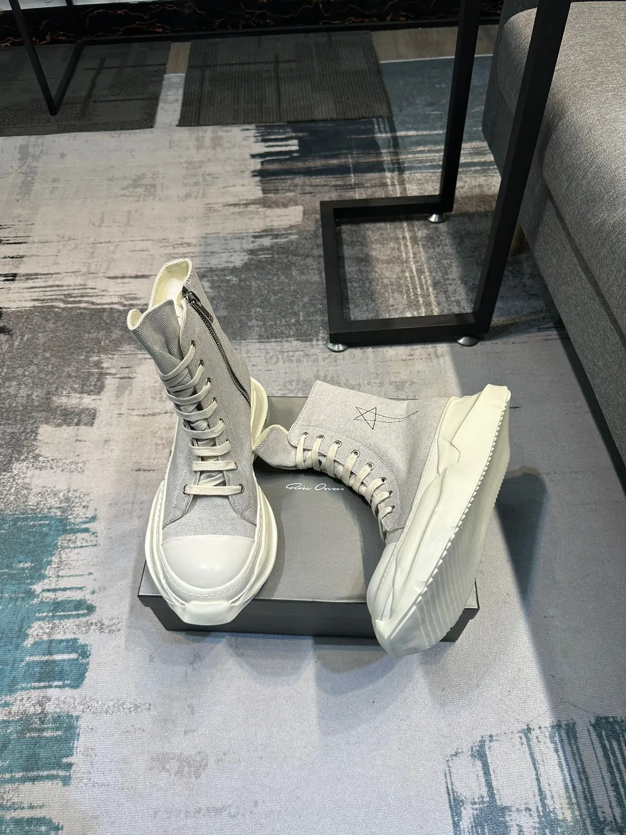 Rick Owens Gray Beige High-Top Denim Upper Ankle Boots 5