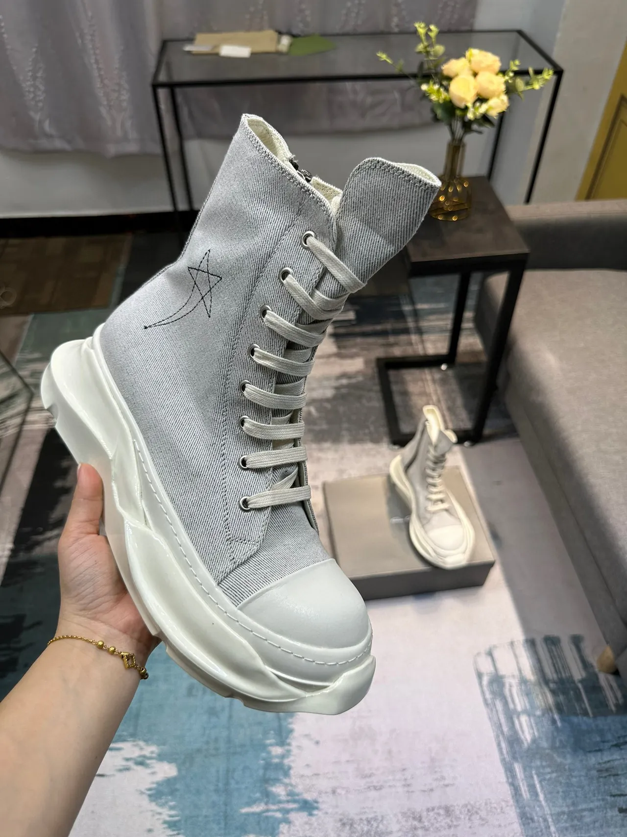 Rick Owens Gray Beige High-Top Denim Upper Ankle Boots 6
