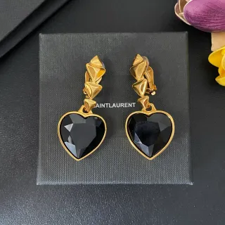 Saint Laurent 黑色金色金属刻面心形宝石耳环
