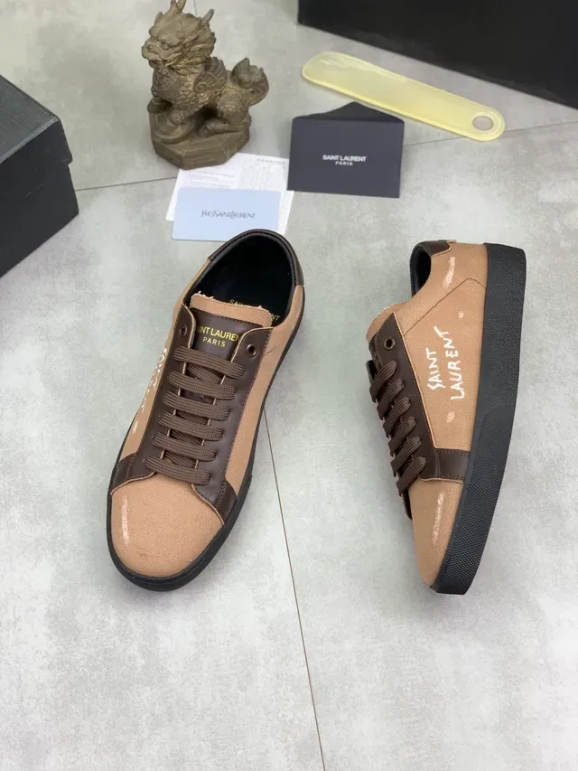 Saint Laurent Sneaker Canvas et Cuir Panel Beige Marron Noir Lifestyle Sneakers 6