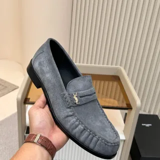 Saint Laurent 灰黑麂皮鞋面 Moc-Toe Stitching Loafer