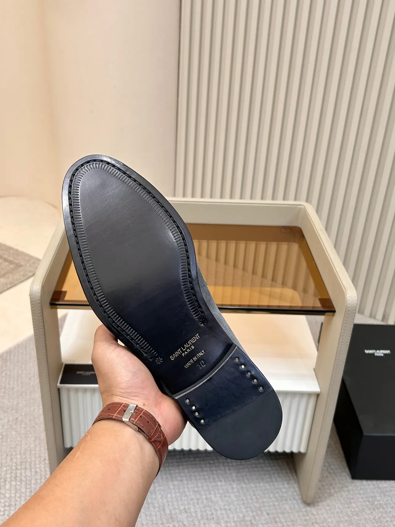 Saint Laurent Gray Black Suede Upper Moc-Toe Stitching Loafer 2