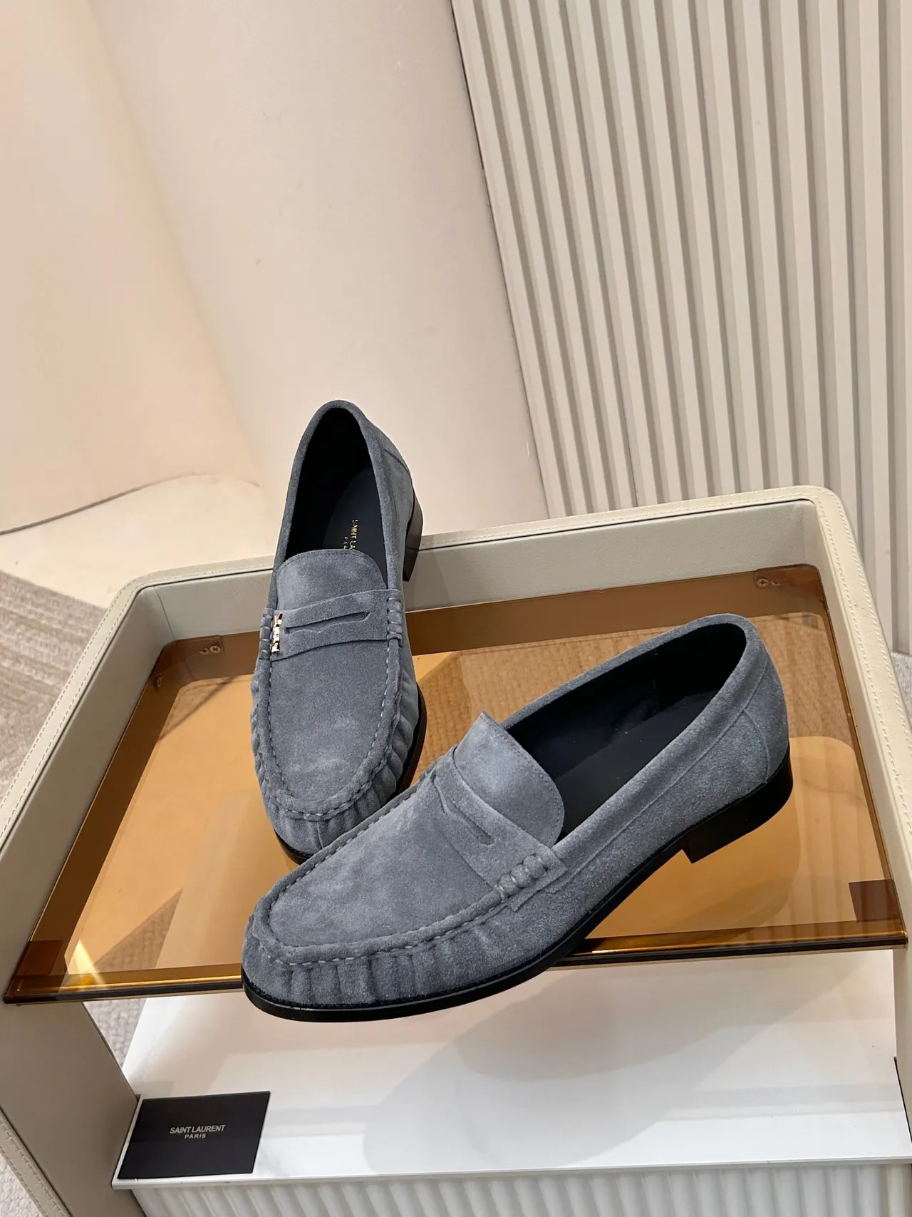 Saint Laurent Gray Black Suede Upper Moc-Toe Stitching Loafer 4