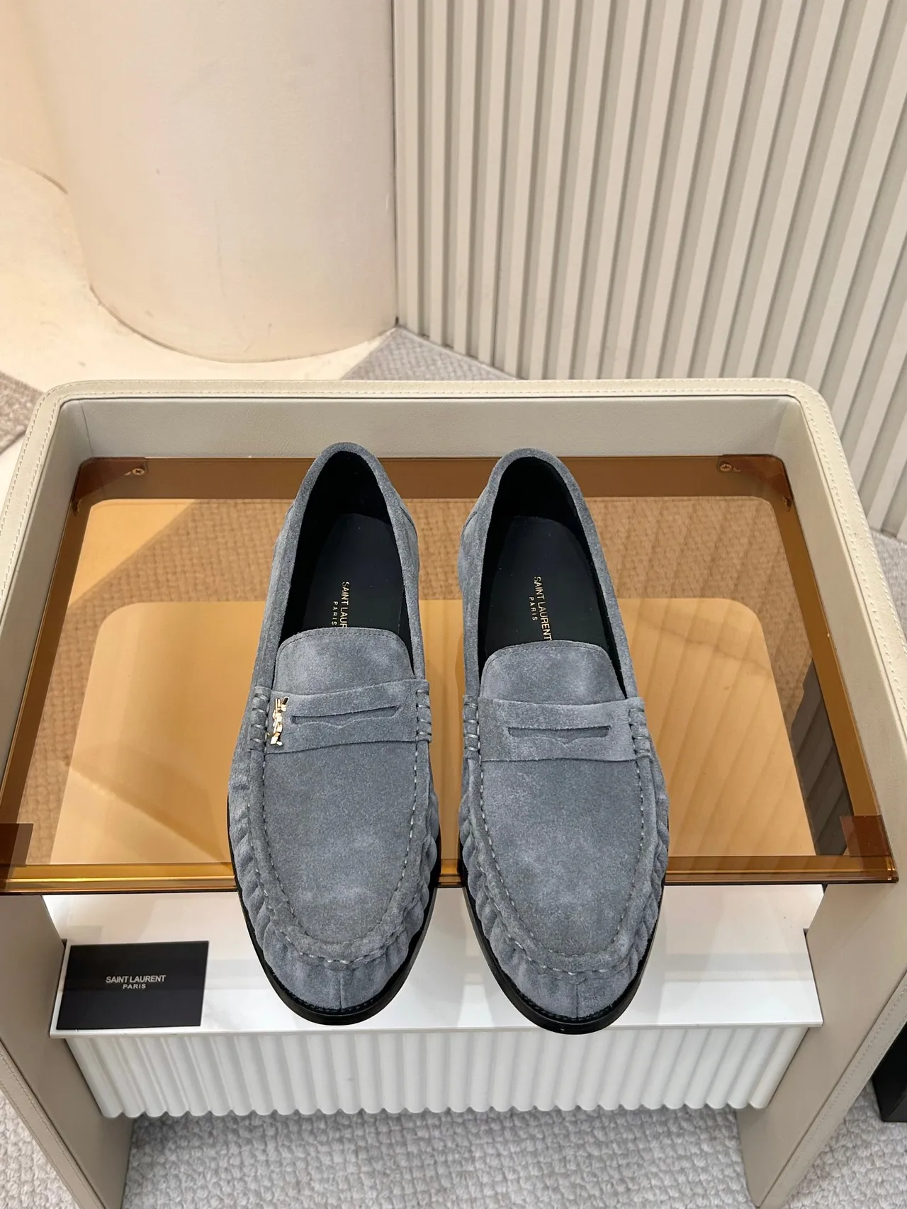 Saint Laurent Gray Black Suede Upper Moc-Toe Stitching Loafer 5