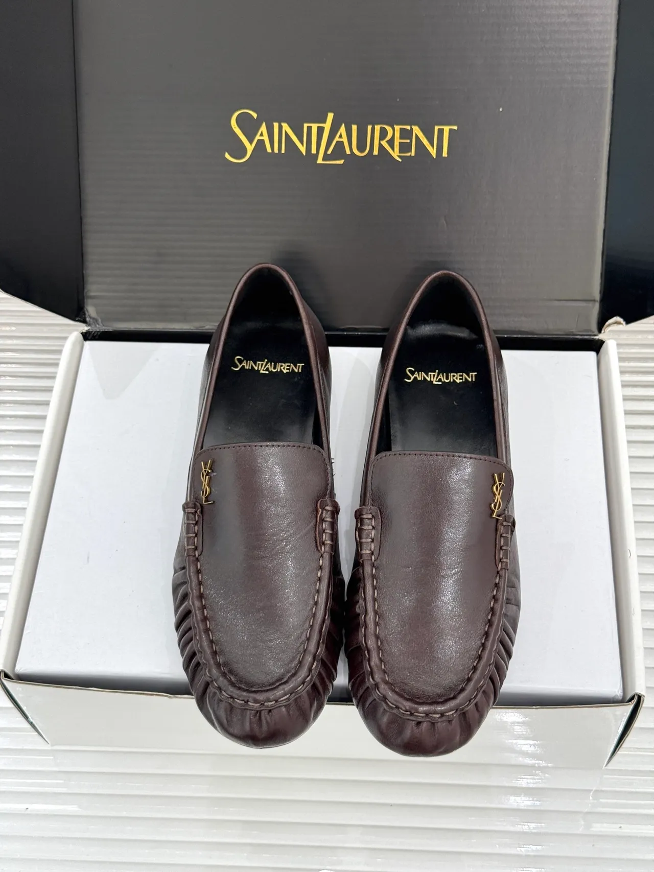Saint Laurent Loulou Mocassins marron doré en cuir avec vamp ruche Loafer 6