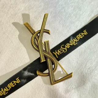 Saint Laurent Monogram Brooch Gold Black Textured Metal Brooch