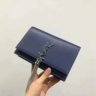 Saint Laurent Navy Silver Flap Wallet Tassel Strap Handbag