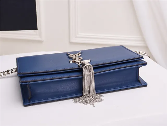 Saint Laurent bolsa azul marinho prata aba carteira alça com franjas 23