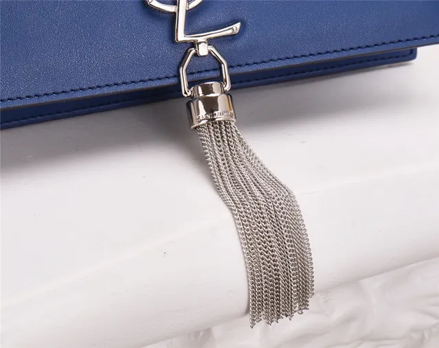 Saint Laurent bolsa azul marinho prata aba carteira alça com franjas 24