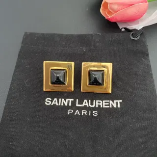 Saint Laurent Square Gold-Tone and Black Stone Stud Earrings