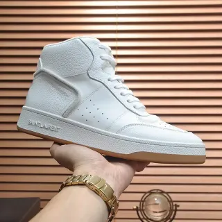 Saint Laurent White Beige High-Top Pebbled Leather Lifestyle Sneakers