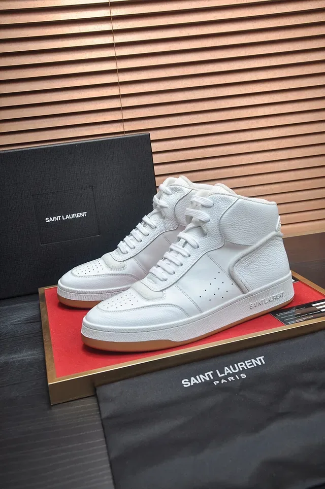 Saint Laurent High Top Sneakers Lifestyle Cuir Pebbled Blanc Beige 4