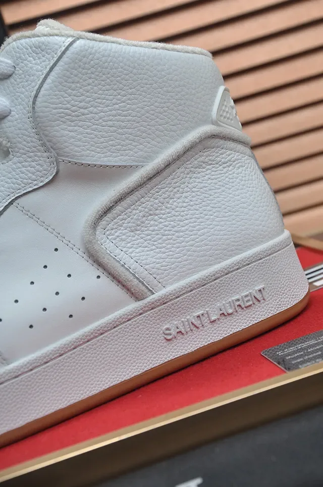 Saint Laurent High Top Sneakers Lifestyle Cuir Pebbled Blanc Beige 9