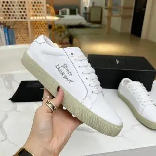 Saint Laurent White Beige Leather Embroidered Logo Lifestyle Sneakers