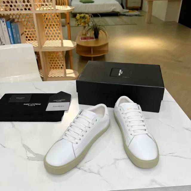 Saint Laurent Blanc Beige Cuir Brodé Logo Style de vie Sneakers 6