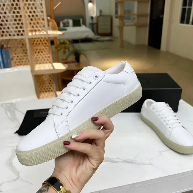 Saint Laurent Blanc Beige Cuir Brodé Logo Style de vie Sneakers 7