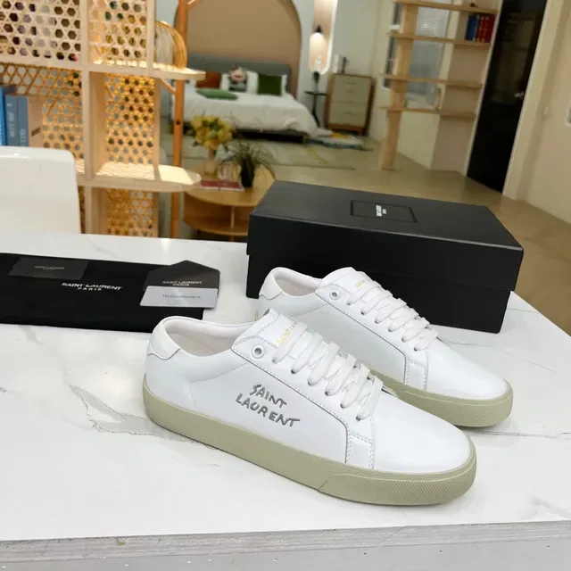 Saint Laurent Blanc Beige Cuir Brodé Logo Style de vie Sneakers 8