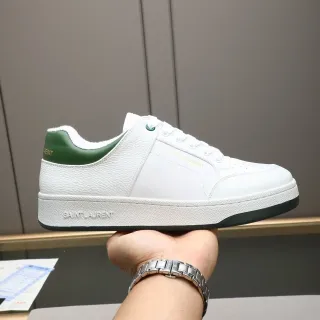 Saint Laurent White Green Textured Leather Upper Heel Tab Lifestyle Sneakers