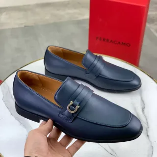 Salvatore Ferragamo Gancini Navy Leather Square-Toe Loafers