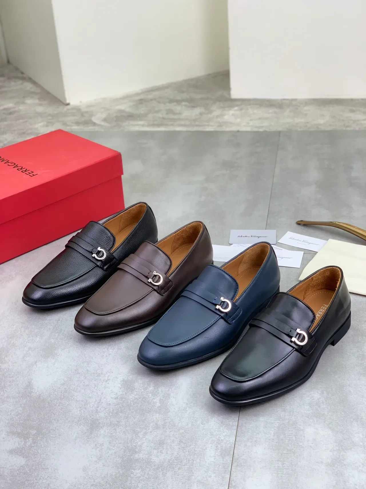 Salvatore Ferragamo Gancini Navy Leather Square-Toe Loafers 2
