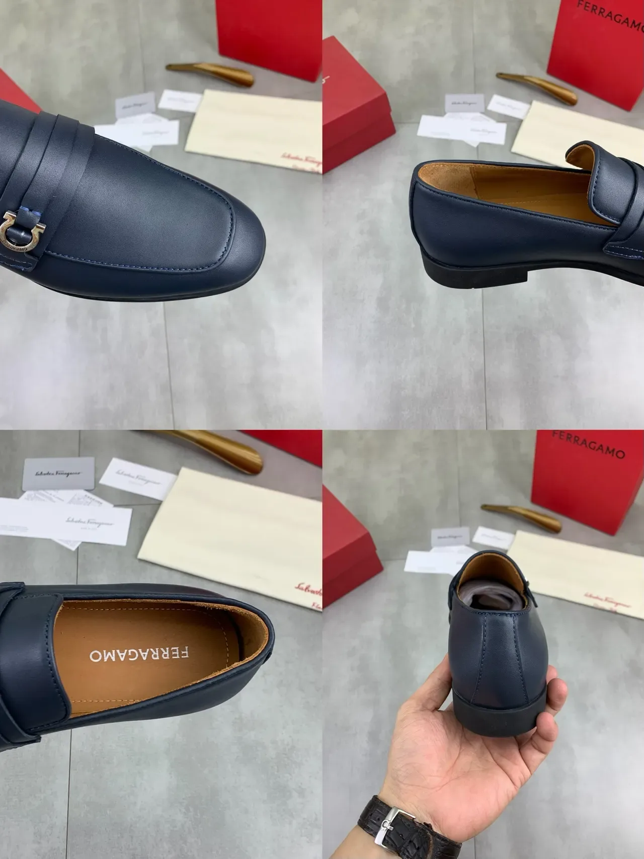 Salvatore Ferragamo Gancini Navy Leather Square-Toe Loafers 3