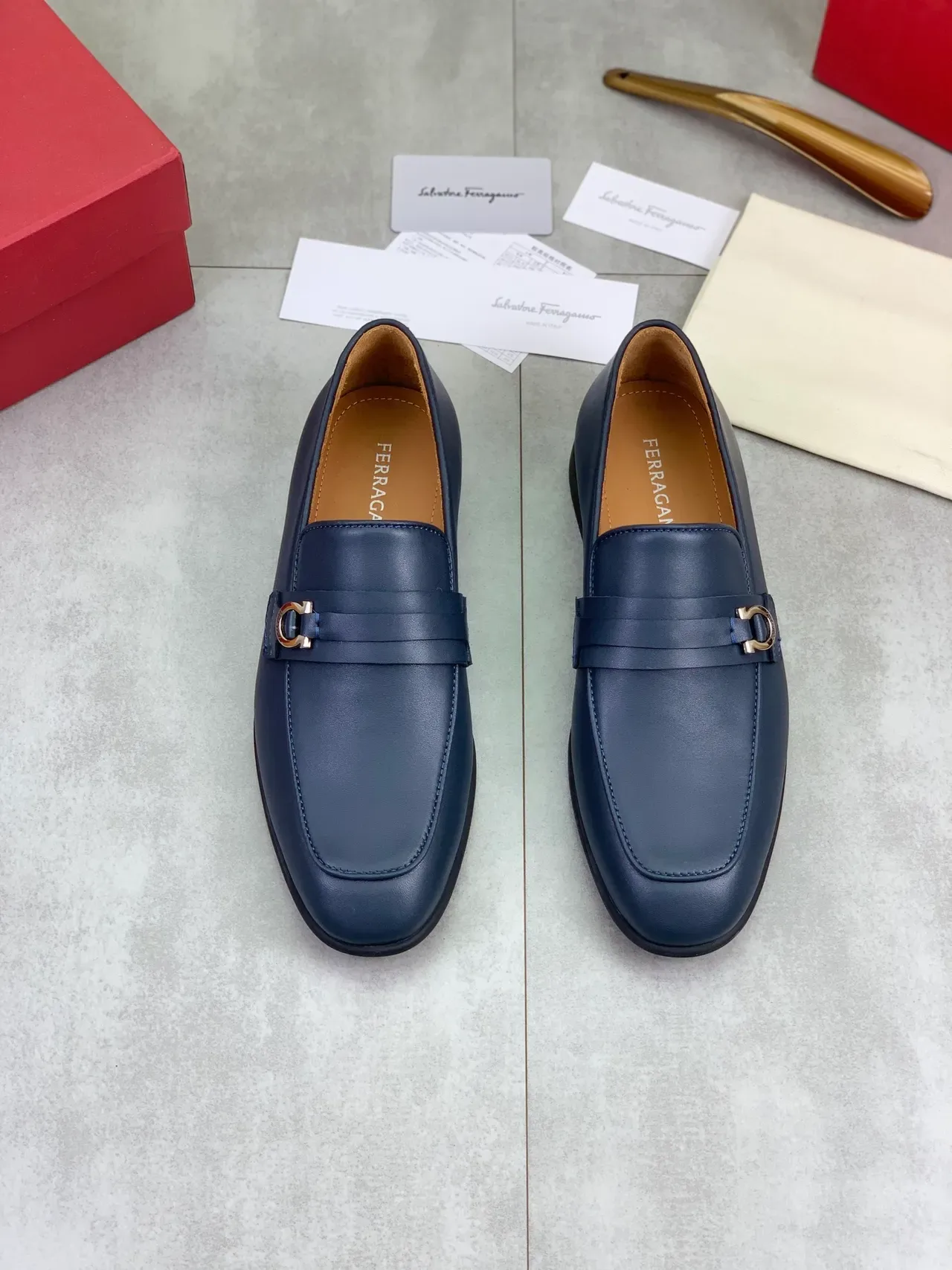 Salvatore Ferragamo Gancini Navy Leather Square-Toe Loafers 5