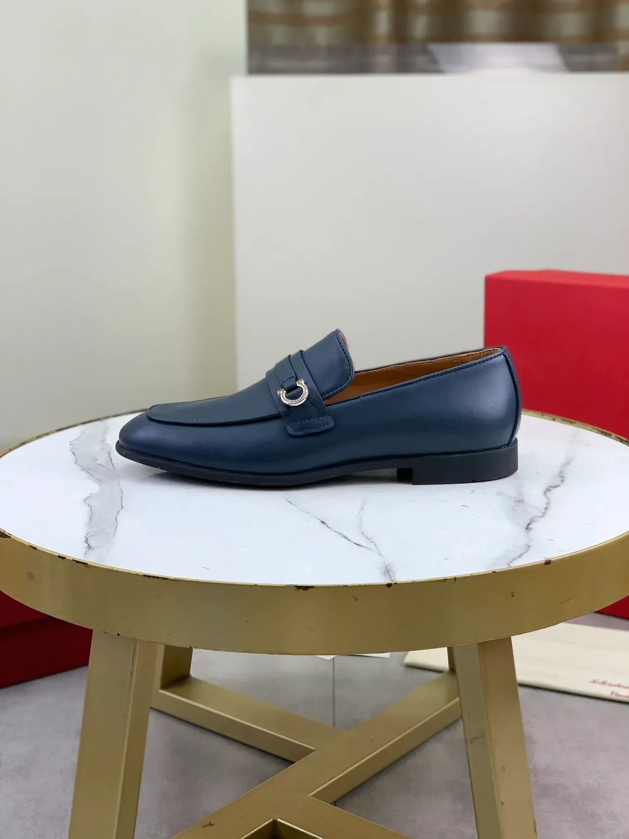 Salvatore Ferragamo Gancini Navy Leather Square-Toe Loafers 6