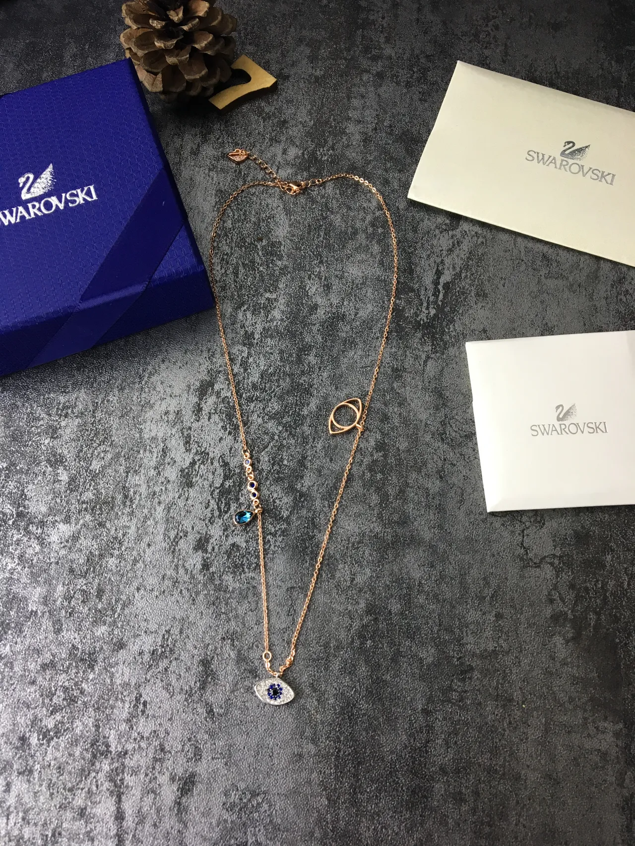 Swarovski Œil Maléfique Triple Pendentif Or Rose Collier 4