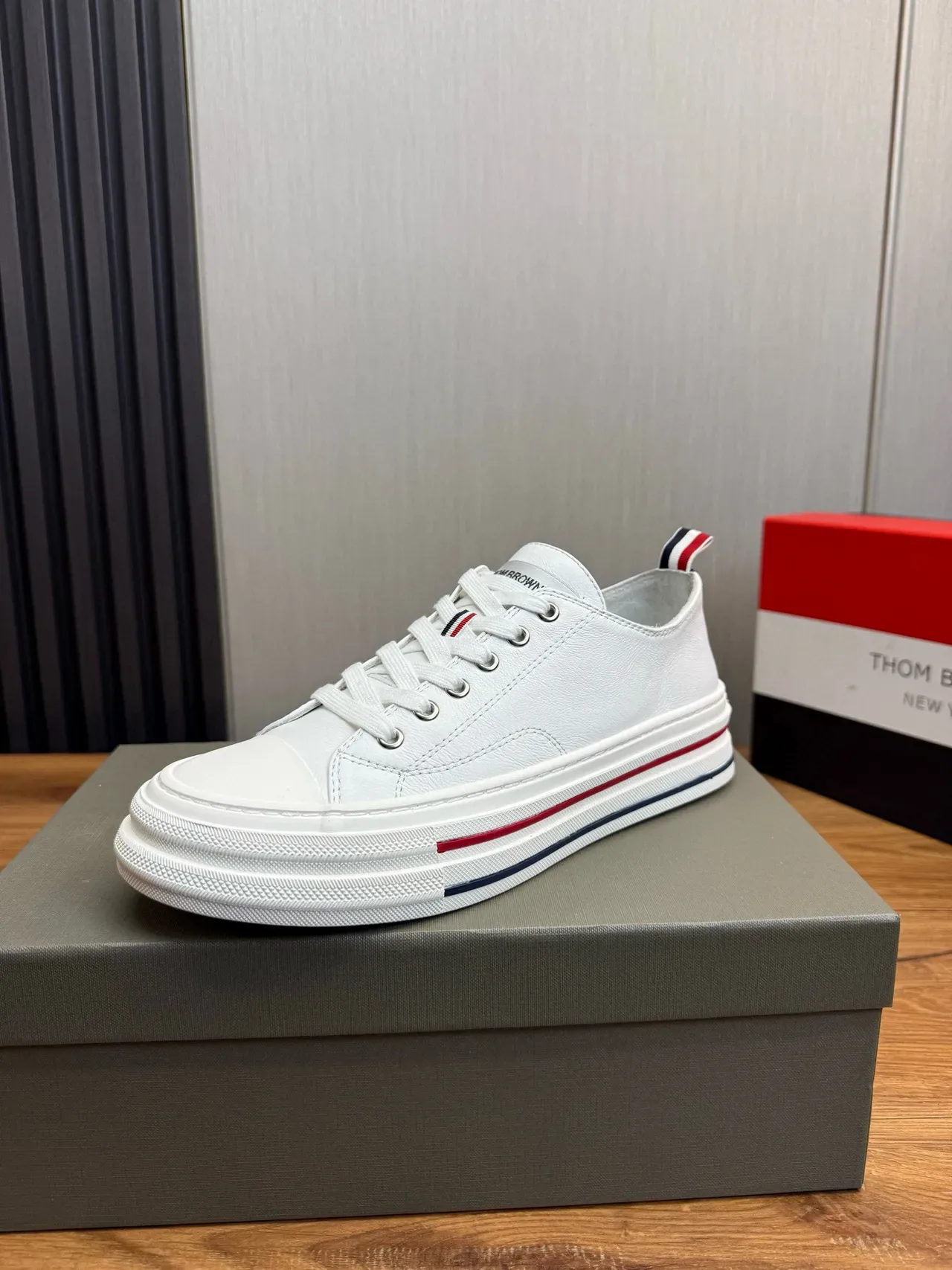 Thom Browne Leather Sneaker White Navy Upper Low-Top Silhouette Lifestyle Sneakers 3