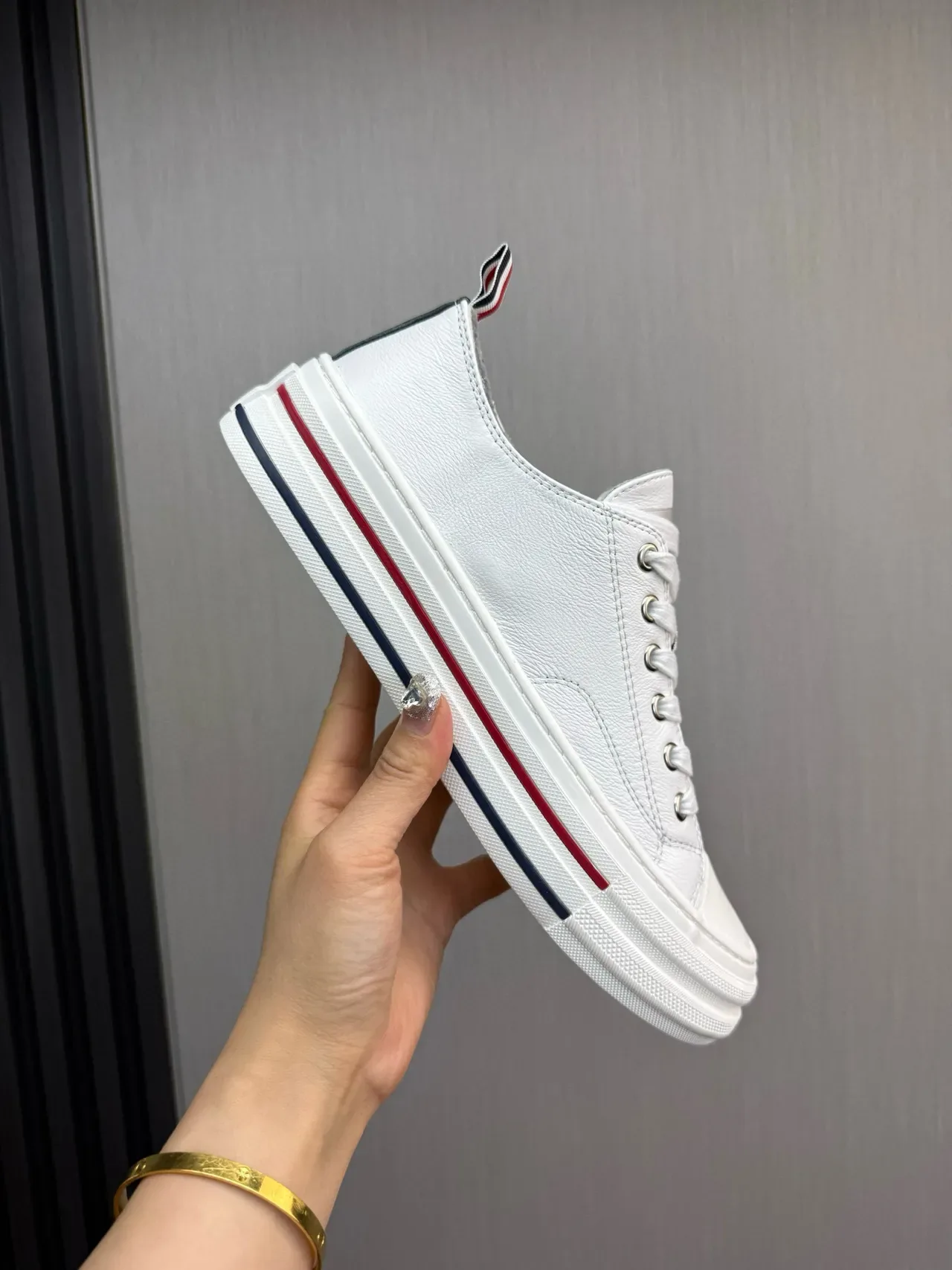 Thom Browne Leather Sneaker White Navy Upper Low-Top Silhouette Lifestyle Sneakers 8