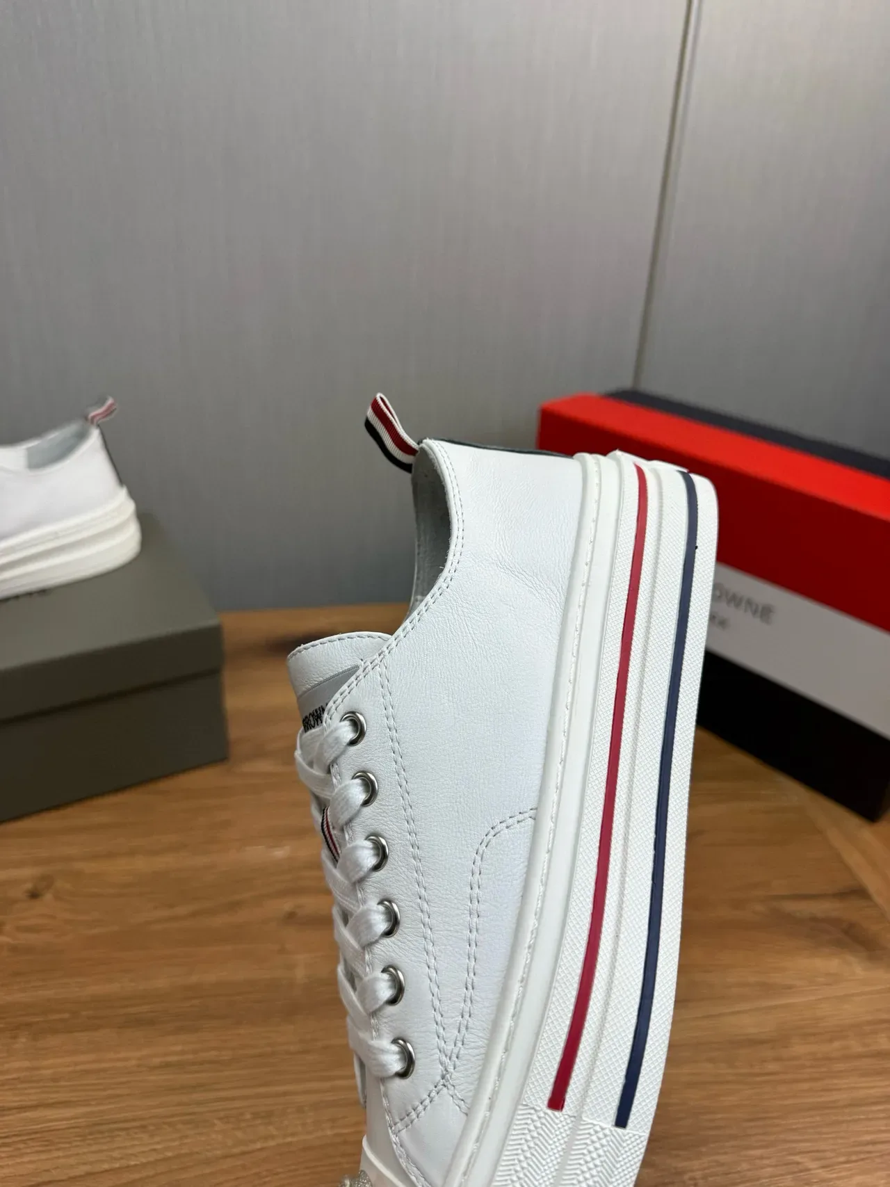 Thom Browne Leather Sneaker White Navy Upper Low-Top Silhouette Lifestyle Sneakers 10