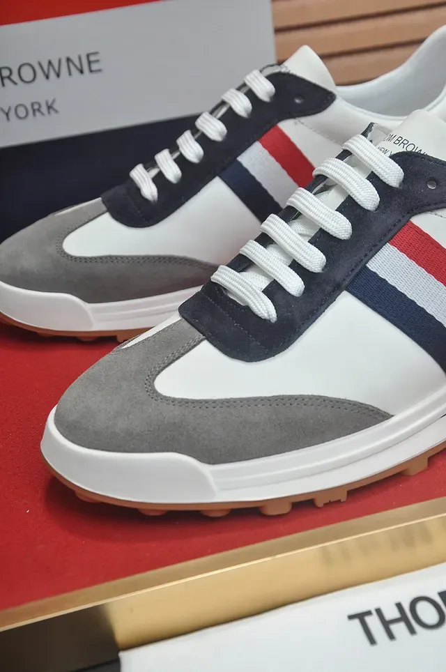 Thom Browne White Gray Low-Top Suede And Leather Panelled Lifestyle Sneakers 2