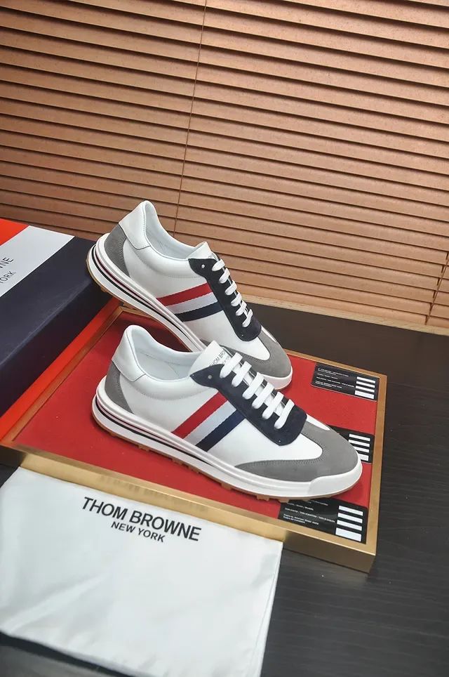 Thom Browne White Gray Low-Top Suede And Leather Panelled Lifestyle Sneakers 4