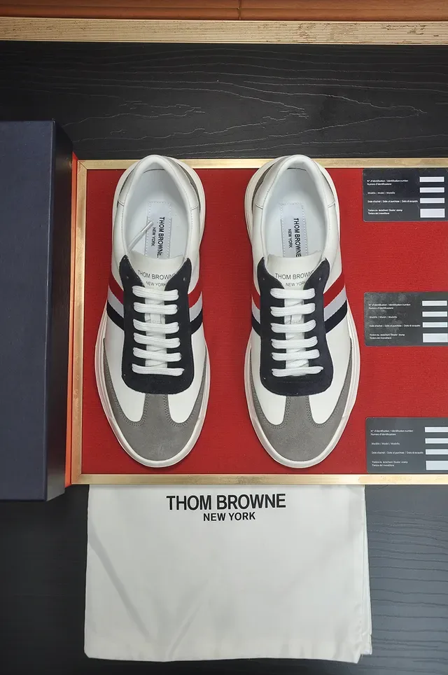Thom Browne White Gray Low-Top Suede And Leather Panelled Lifestyle Sneakers 5