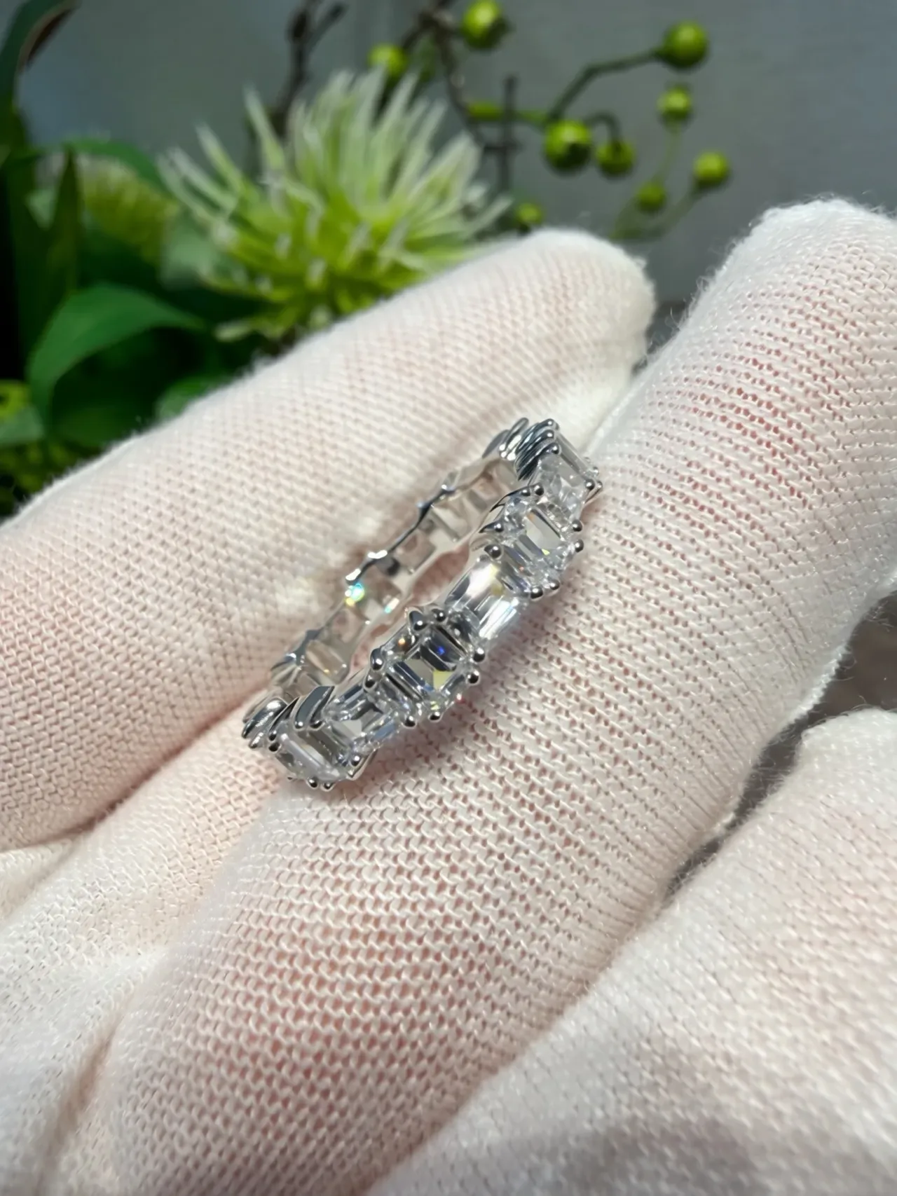 Tiffany & Co. Silver Emerald-Cut Stones Shared-Prong Setting Ring 8