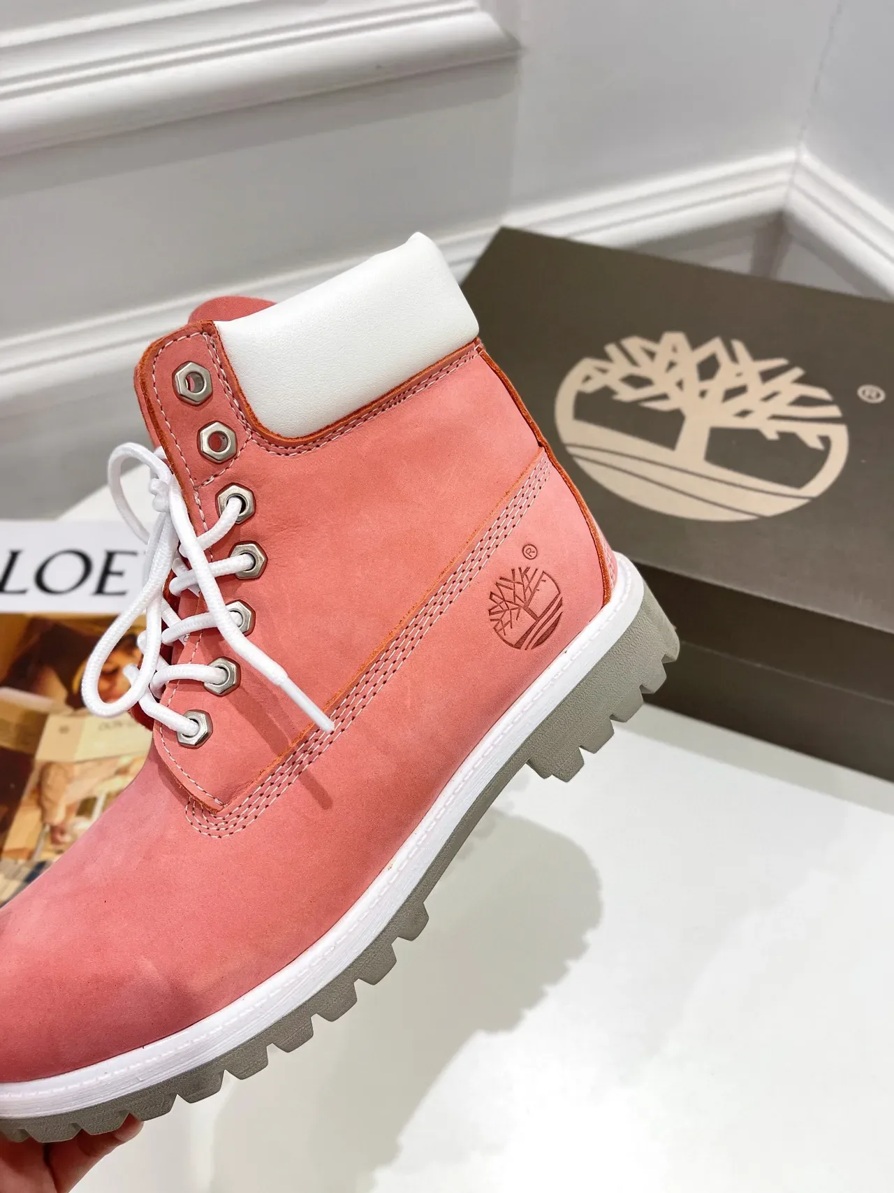 Timberland Premium 6-Inch Coral Pink Suede Work Boots 4
