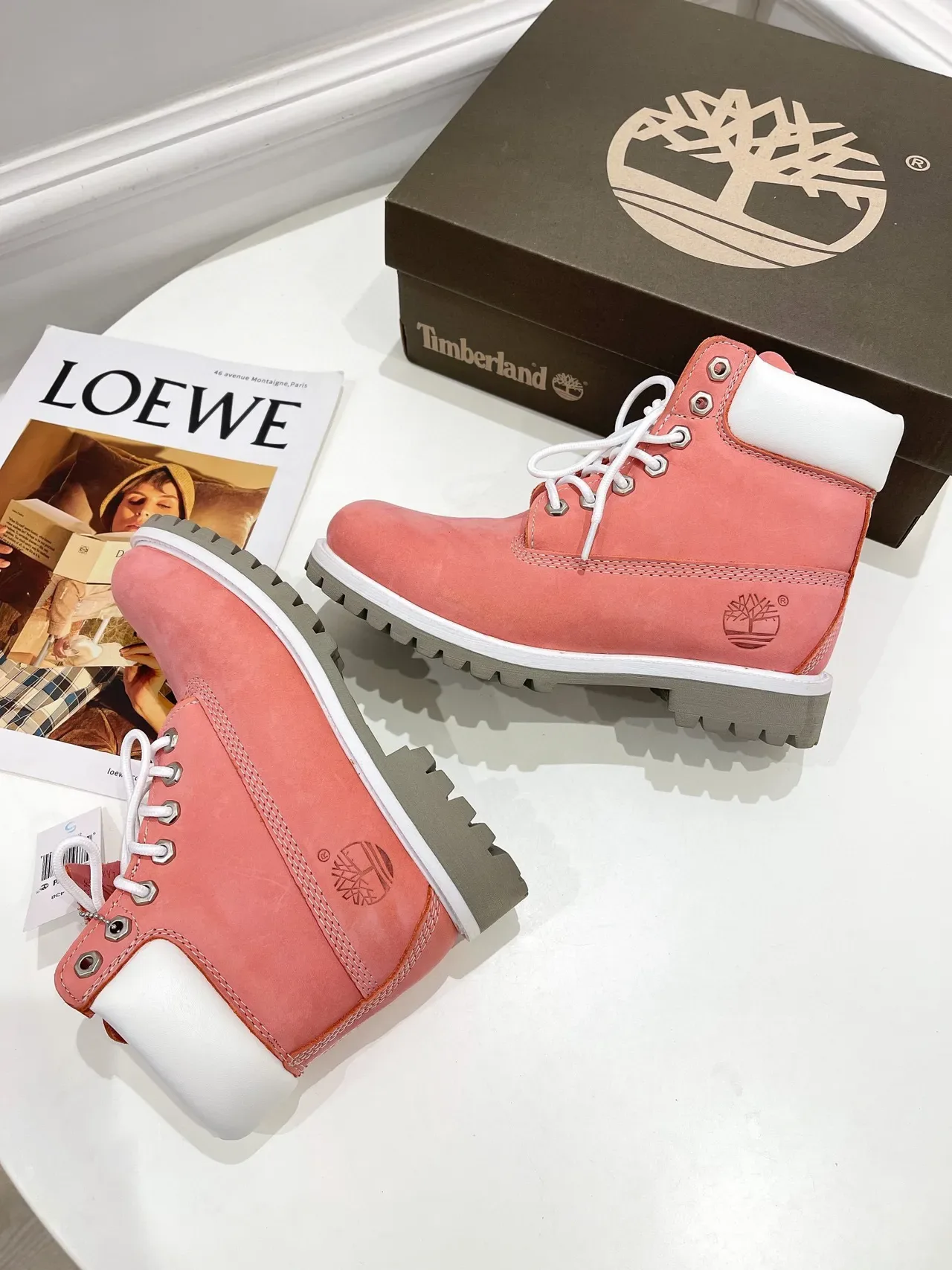 Timberland Premium 6-Inch Coral Pink Suede Work Boots 6